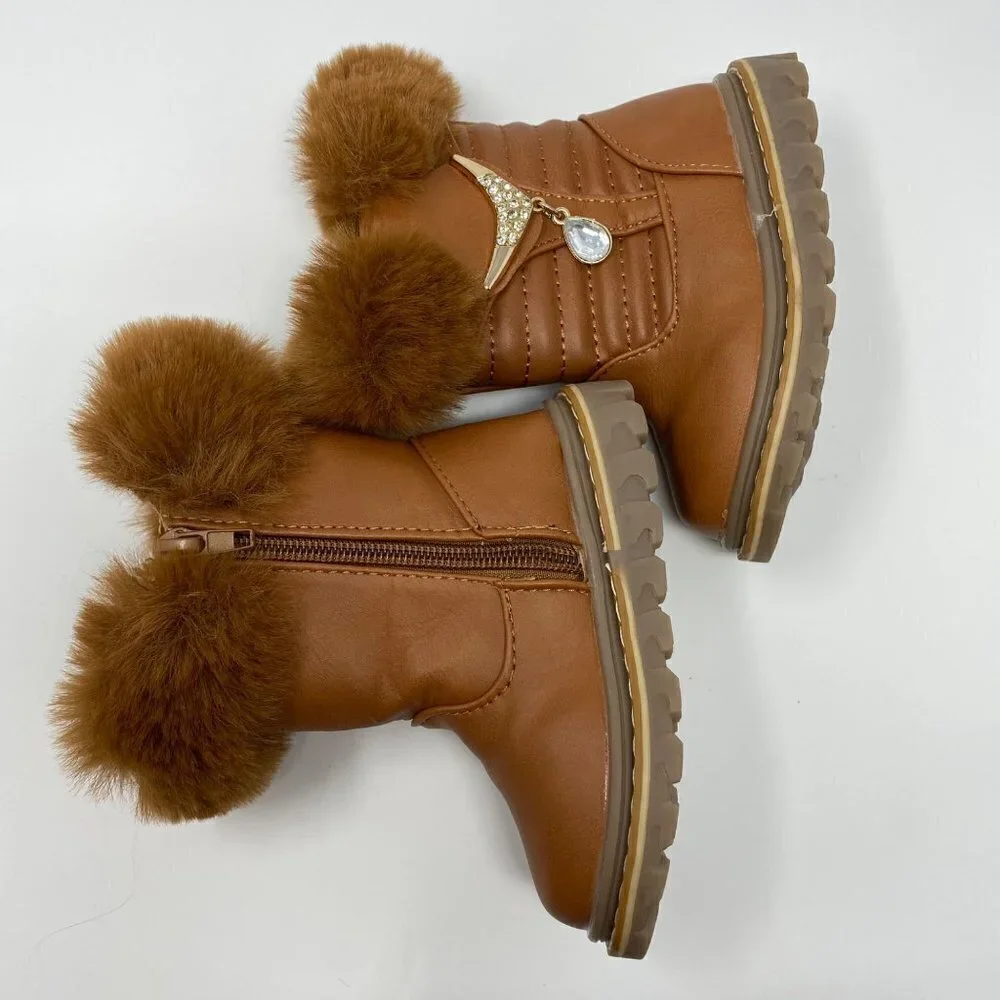 Toddler Girl Winter Snow Warm Boots With Faux Fur. Brown. Size 5.5